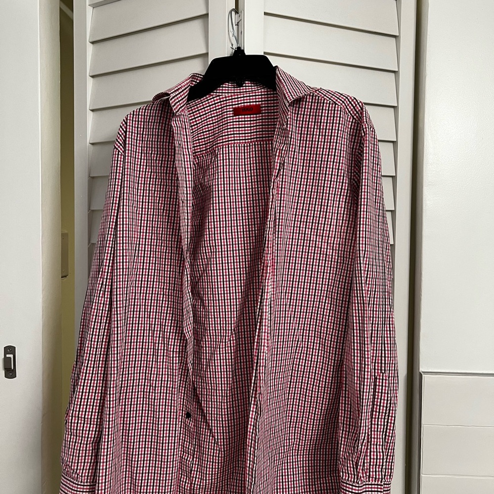 Hugo Boss Red and White Checkered Casual Shirt